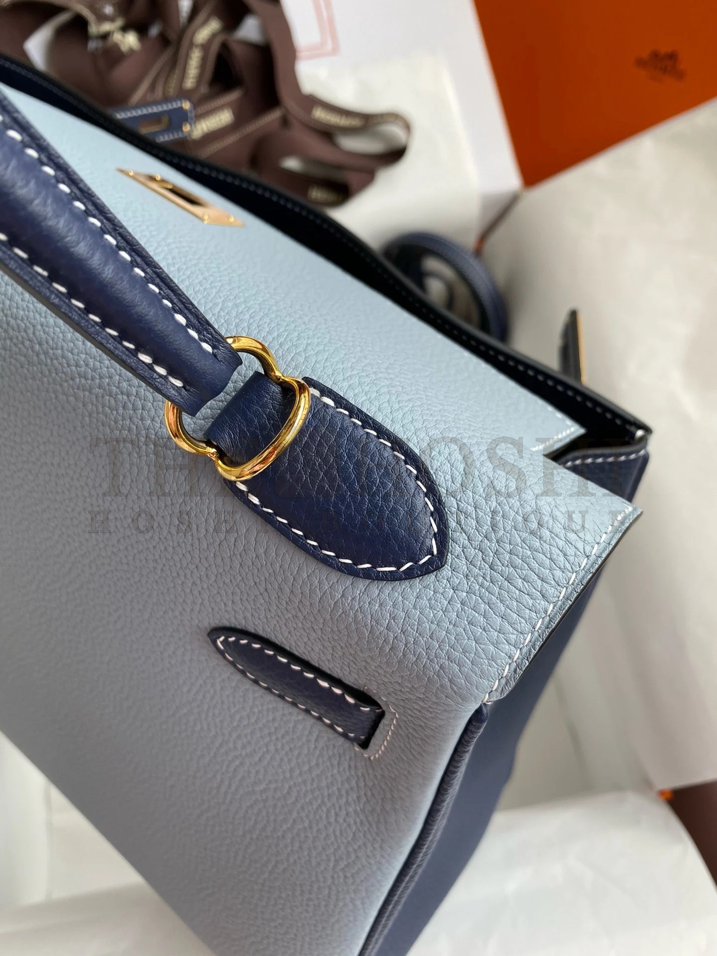 H**me5 HSS Kelly 32 Bicolor Bag in Blue Lin and Blue Clemence Leather Master Quality
