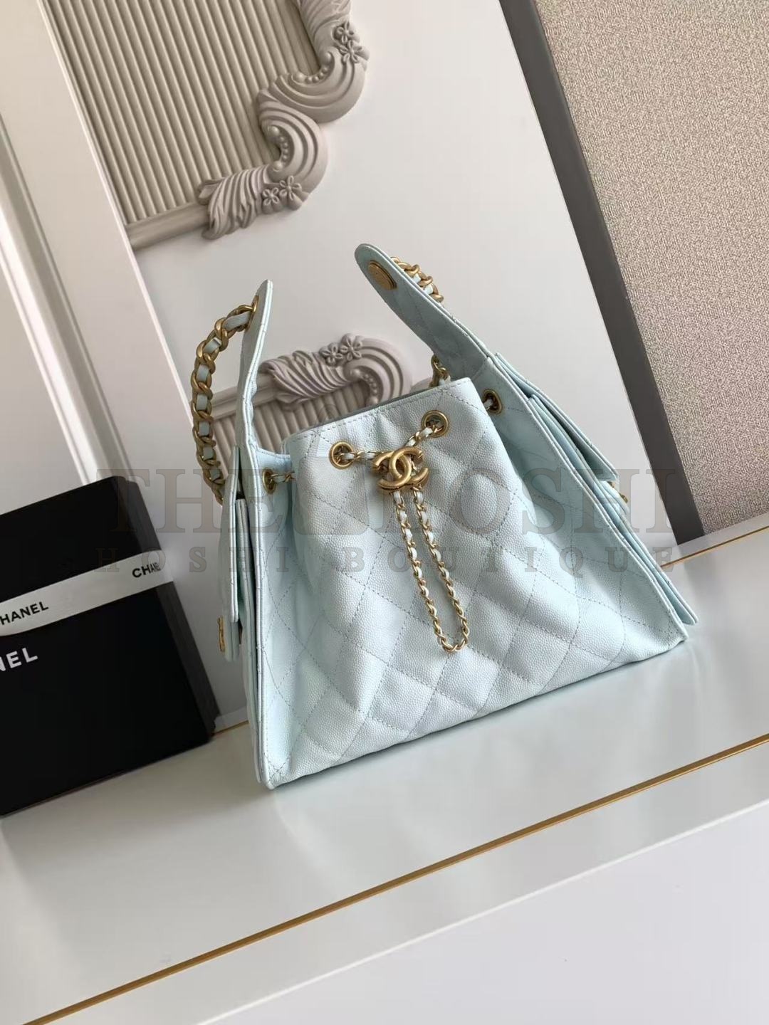 Ch**el 25C AS5293 Hobo Drawstring Bag Blue Caviar Leather with Gold Chain 30x26x14cm Master Quality