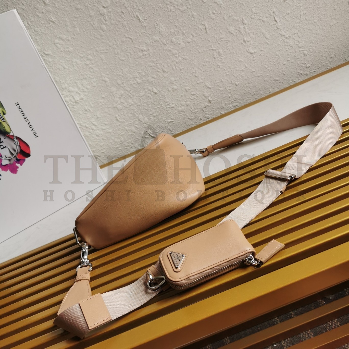 Pra*a Triangle Shoulder Bag In Beige Leather Master Quality