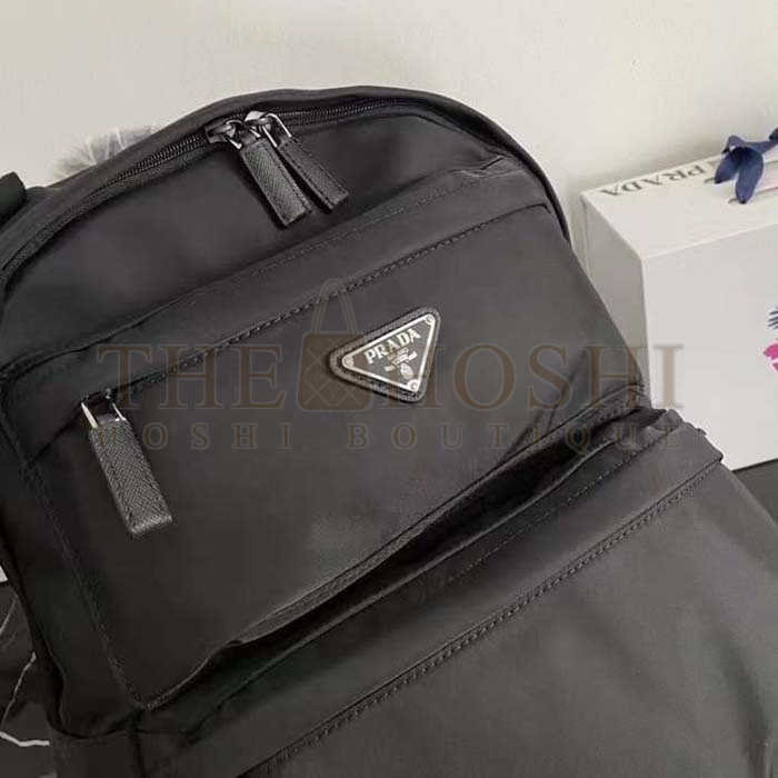 Pra*a Unisex Re-Nylon Saffiano Leather Backpack Black Fabric Zipper Master Quality