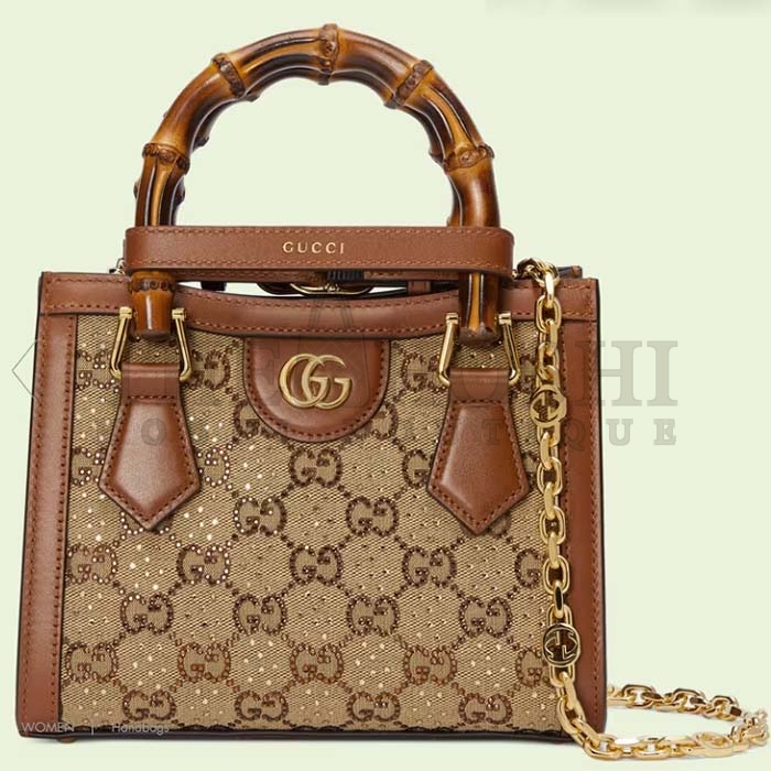 Gvc*1 Women Diana Mini Tote Bag Camel Ebony GG Canvas Crystals Double G Master Quality