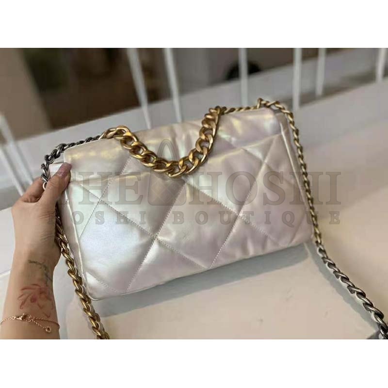 Ch**el Women 19 Large Flap Bag Iridescent Calfskin Gold Silver-Tone &amp; Ruthenium-Finish Metal White Master Quality