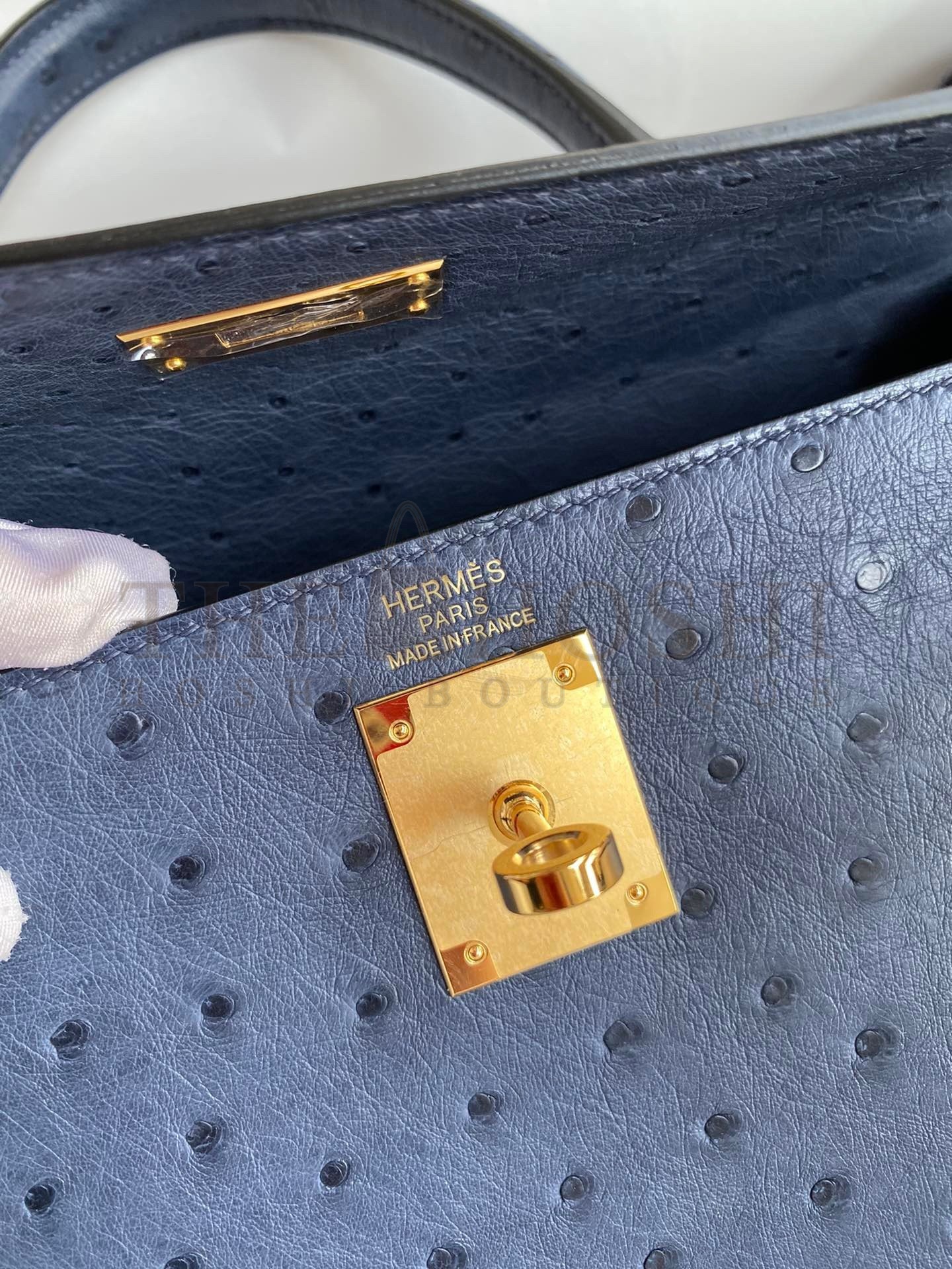 H**me5 Kelly Sellier 28 Handmade Bag In Blue Iris Ostrich Leather Master Quality
