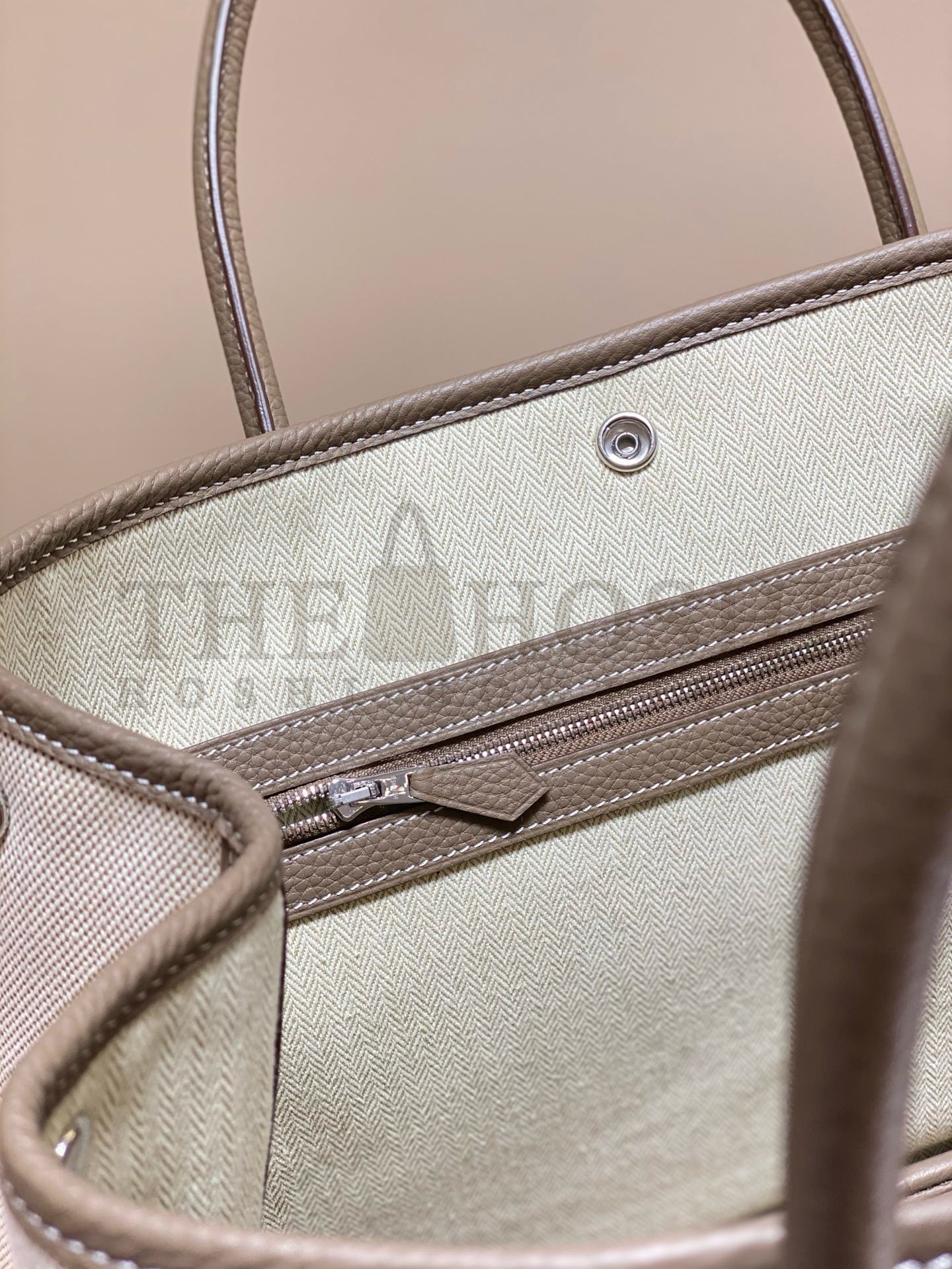 H**me5 Garden Party 36cm Bag in Toile and Taupe Leather Master Quality