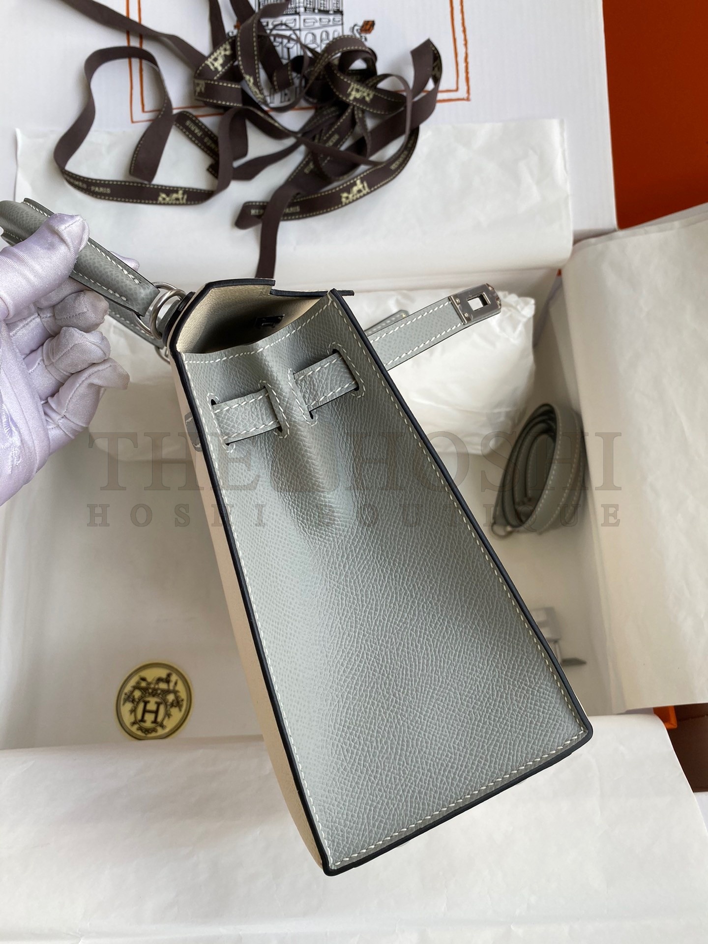 H**me5 Kelly Sellier 25 Bicolor Bag in Craie and Gris Mouette Epsom Calfskin Master Quality