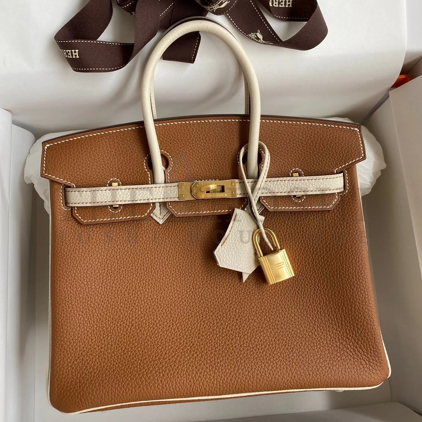 H**me5 HSS Birkin 25 Bicolor Bag in Gold and Craie Clemence Leather Master Quality