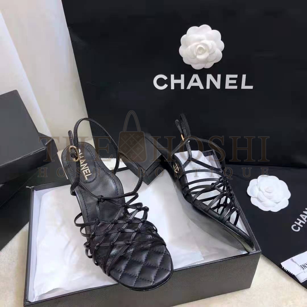 Ch**el Women Sandals Iridescent Calfskin Black 5 cm Heel Master Quality