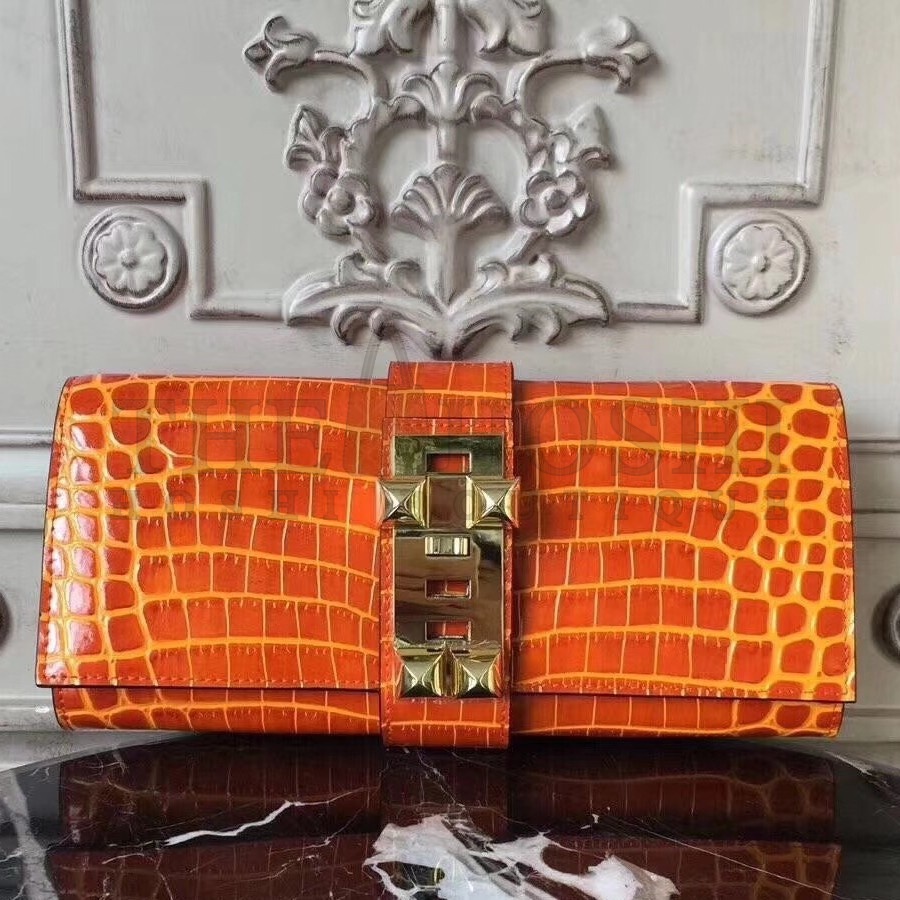 H**me5 Medor Clutch Bag In Orange Crocodile Leather Master Quality