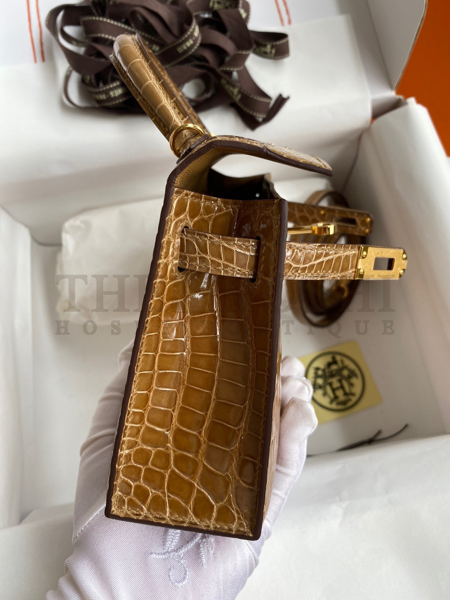 H**me5 Kelly Mini II Sellier Handmade Bag In Ficelle Shiny Alligator Leather Master Quality