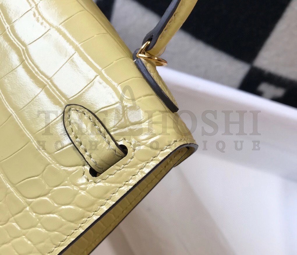 H**me5 Kelly Mini II Bag In Jaune Poussin Embossed Crocodile Calfskin Master Quality