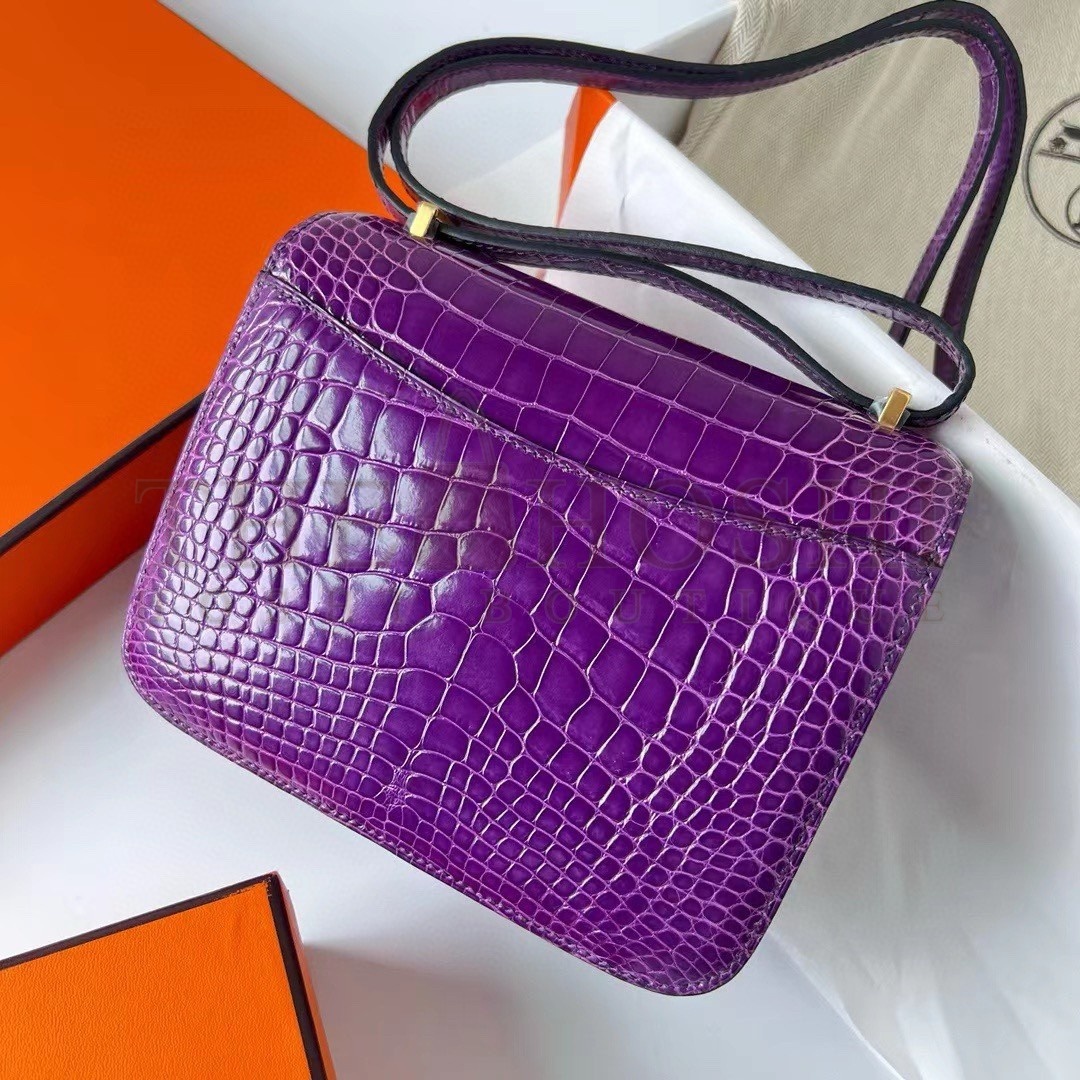H**me5 Constance 18 Handmade Bag In Purple Shiny Alligator Leather Master Quality