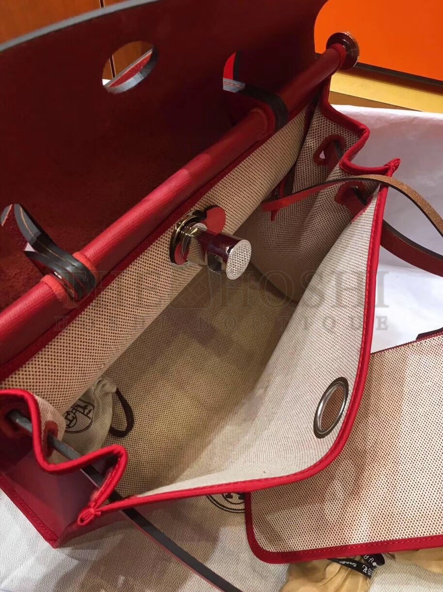 H**me5 Herbag Zip 31cm Bag In Red Toile And Leather Master Quality