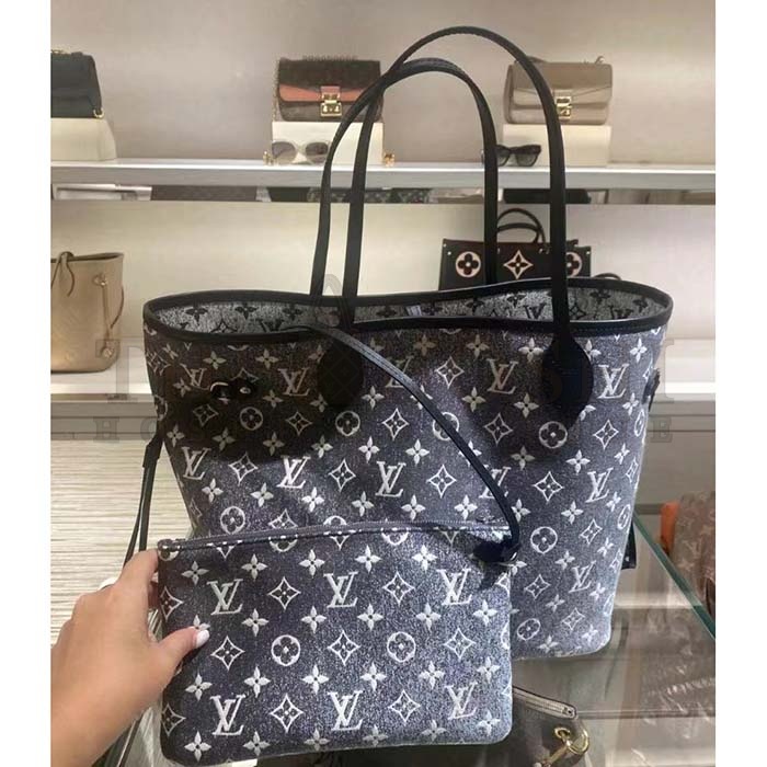 L0vis Vvtt0n LV Women Neverfull MM Tote Gray Denim Textile Jacquard Master Quality