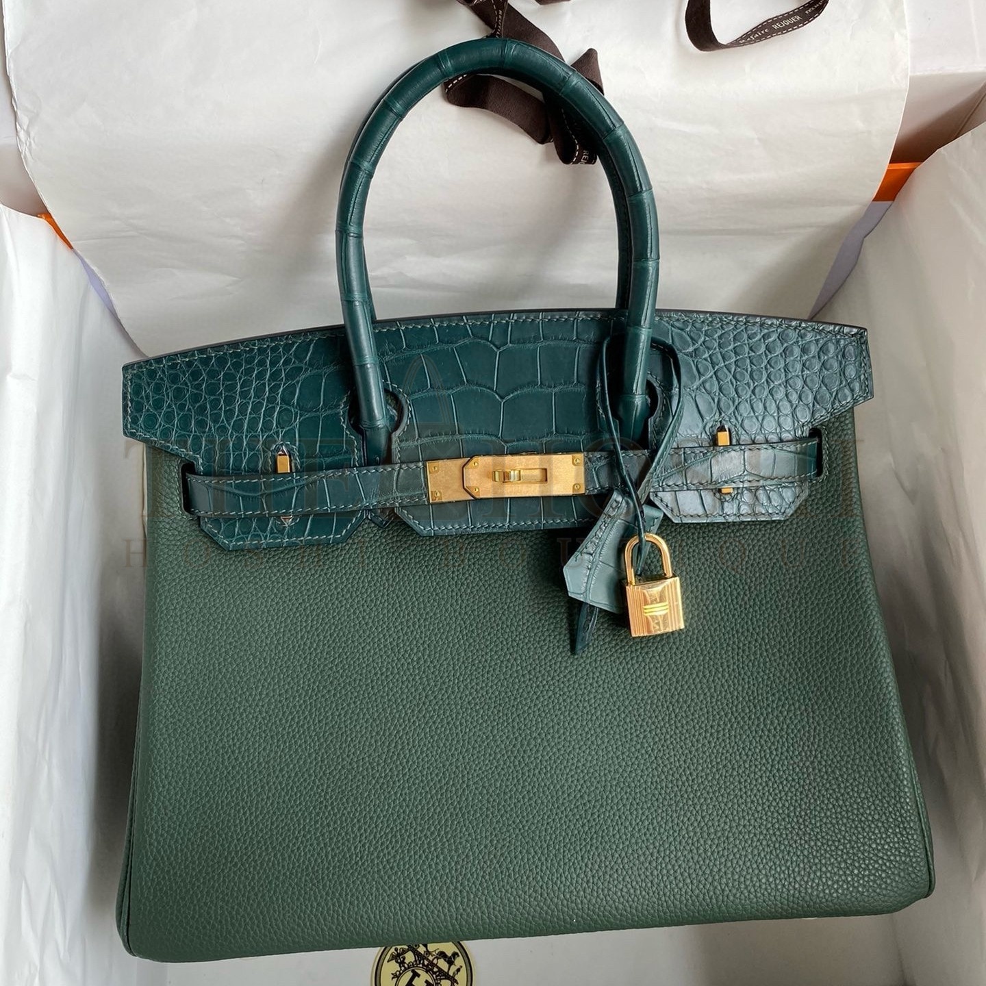 H**me5 Touch Birkin 30 Bag in Green Clemence and Matte Alligator Leather Master Quality