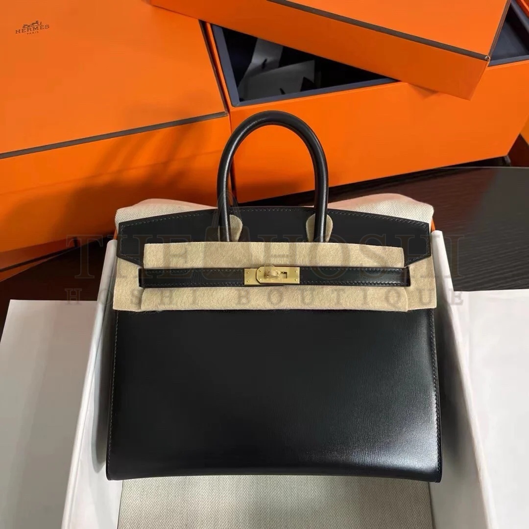 H**me5 Birkin 25 Sellier Handmade Bag In Black Box Calfskin Master Quality