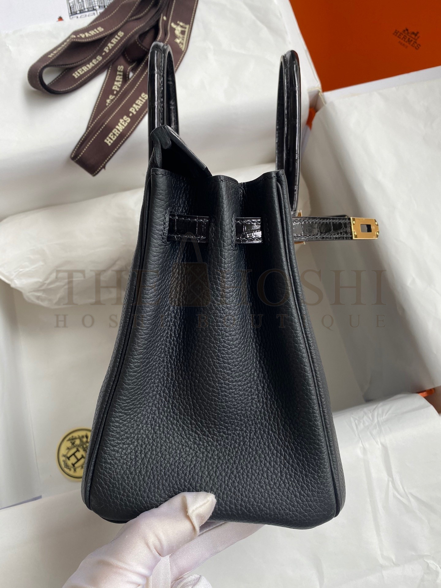 H**me5 Touch Birkin 25 Bag in Black Togo and Shiny Alligator Leather Master Quality