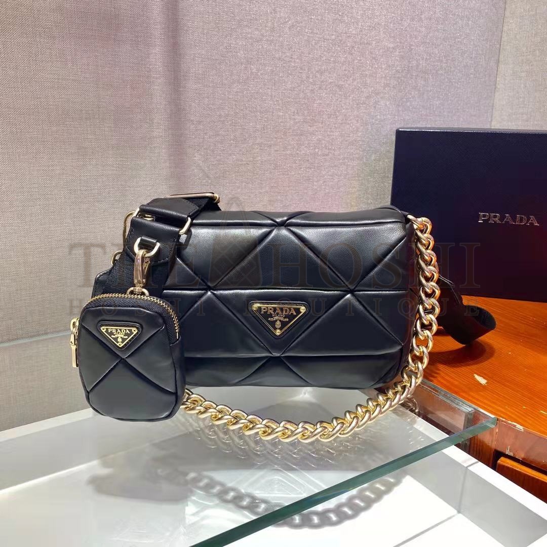 Pra*a Women Padded Leather Shoulder Bag Triangle-Stitched Padding-Black Master Quality