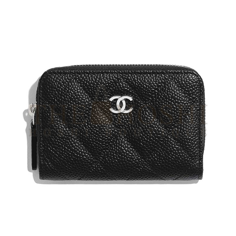 Ch**el Women Classic Zipped Coin Purse in Grained Calfskin & Silver-Tone Metal-Black Master Quality