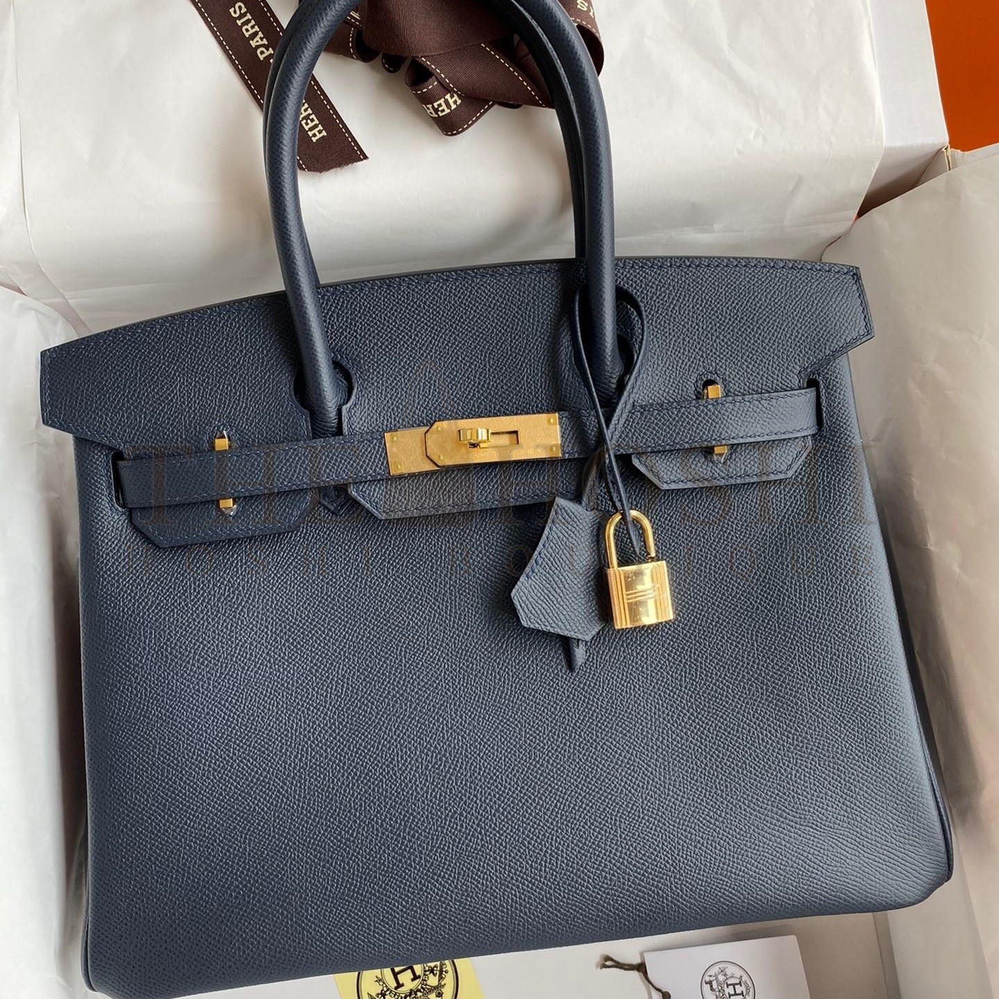 H**me5 Birkin 30 Retourne Handmade Bag In Blue Nuit Epsom Calfskin Master Quality