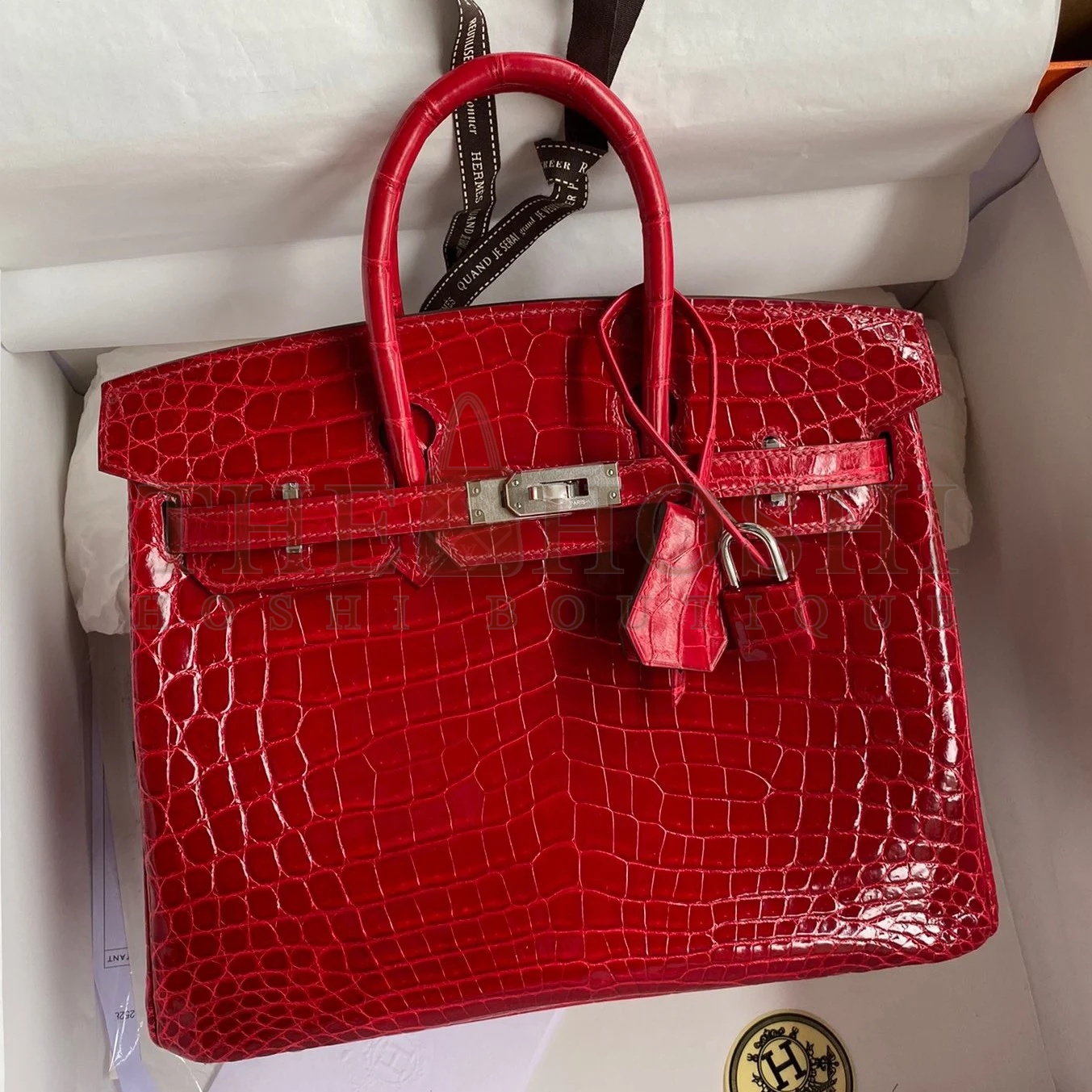 H**me5 Birkin 25 Handmade Bag In Red Crocodile Porosus Shiny Skin Master Quality