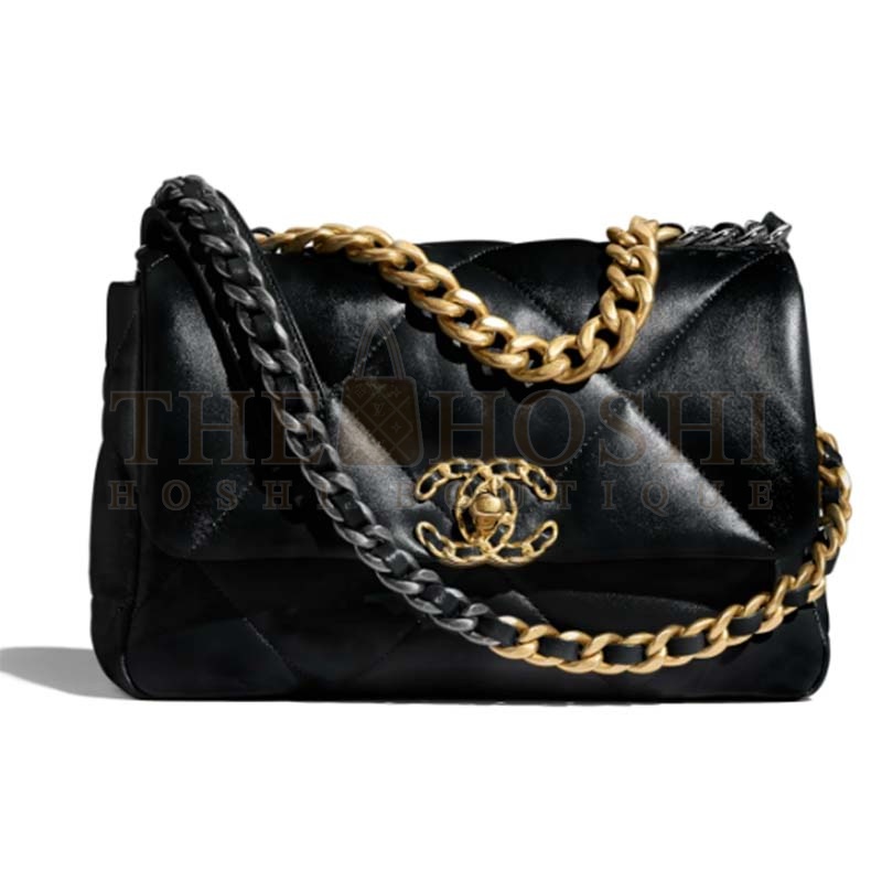 Ch**el Women 19 Handbag Lambskin Gold Silver-Tone Ruthenium-Finish Metal Black Master Quality