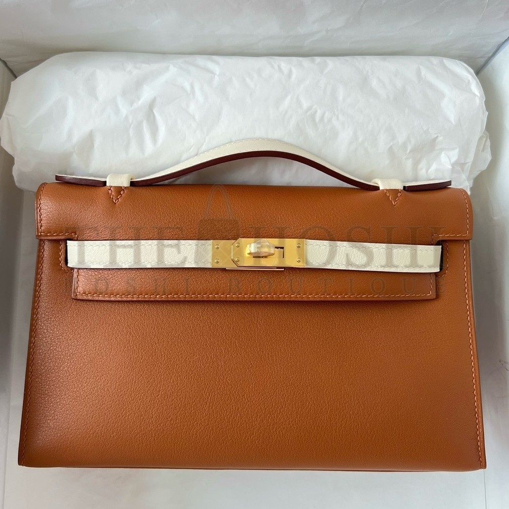 H**me5 HSS Kelly Pochette Bicolor Bag in Gold and Craie Swift Calfskin Master Quality