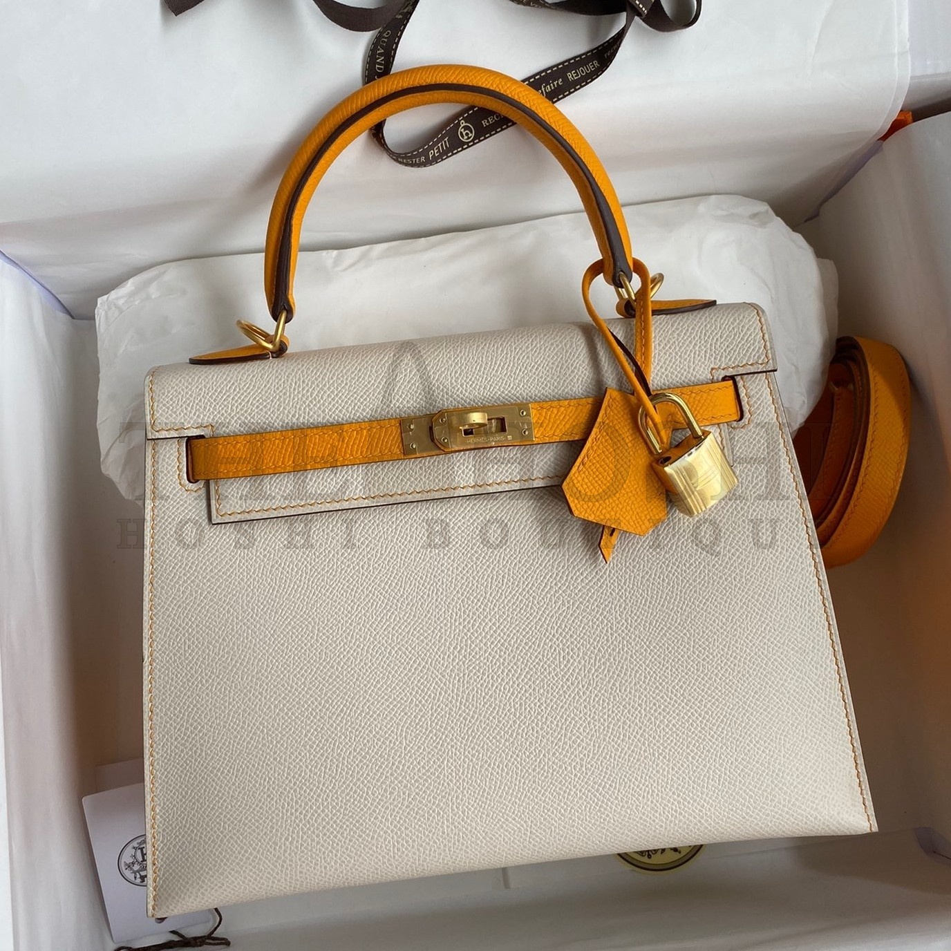 H**me5 Kelly Sellier 25 Bicolor Bag in Craie and Yellow Epsom Calfskin Master Quality
