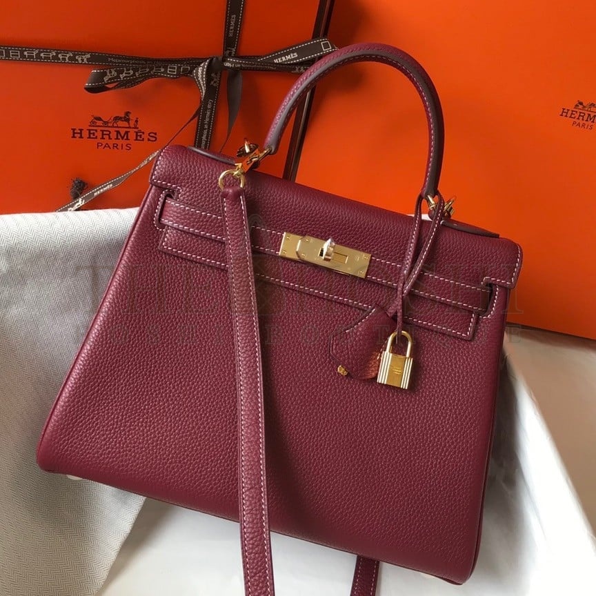 H**me5 Kelly 28cm Retourne Bag in Bordeaux Clemence Leather GHW Master Quality