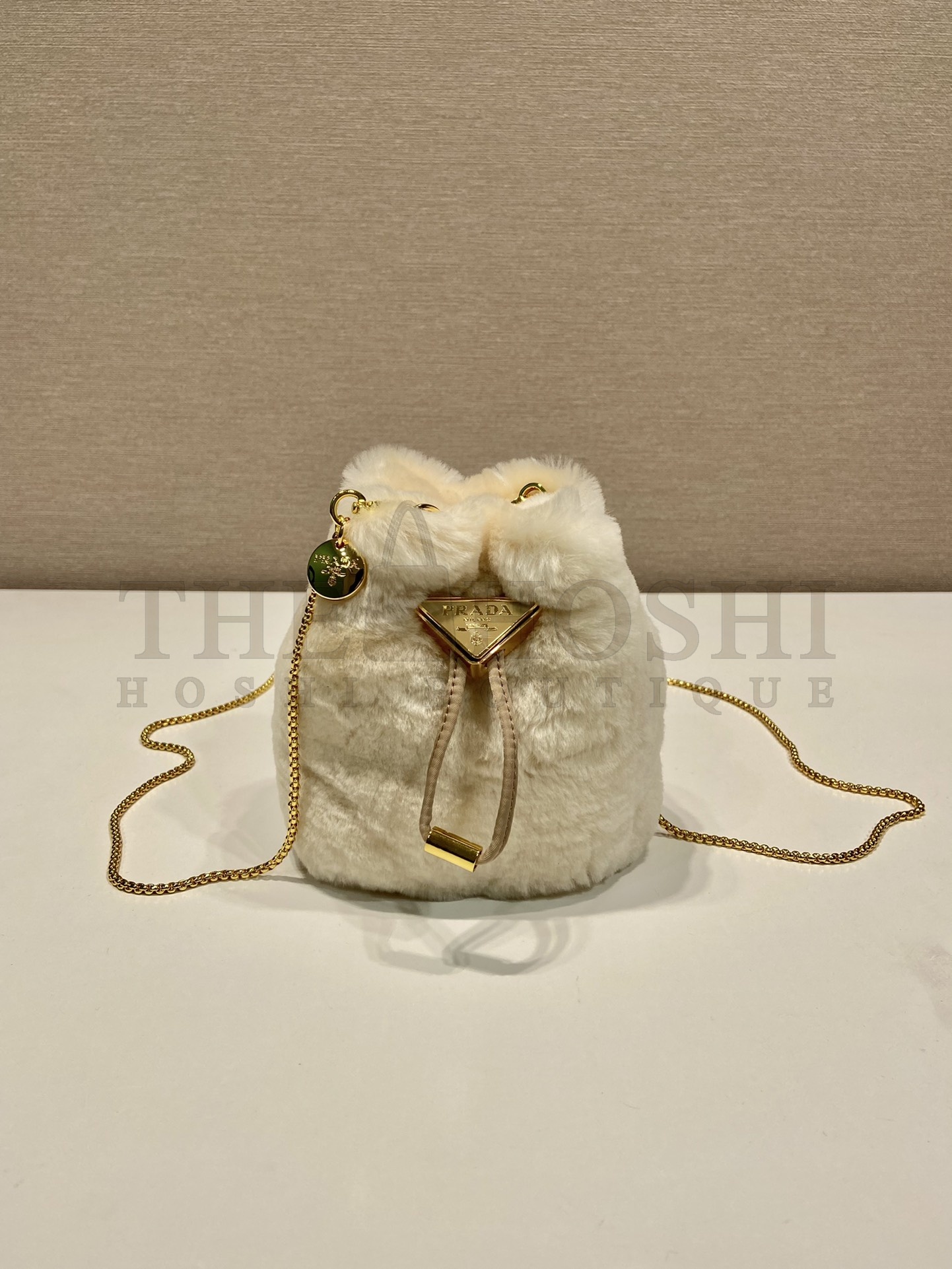 Pra*a Women Sheepskin Mini Pouch-Beige bag 9 x 9.5 x 6 cm Master Quality
