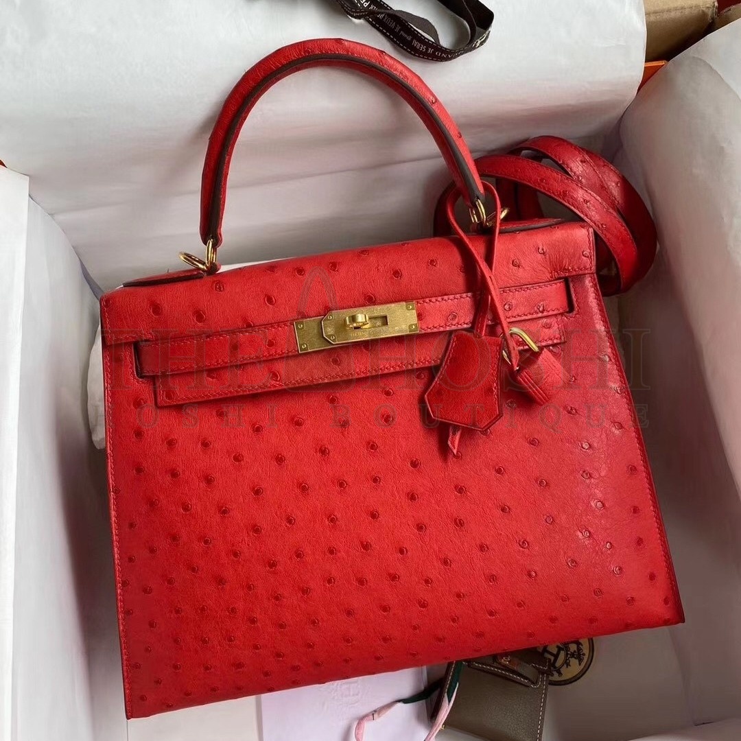 H**me5 Red Ostrich Kelly 28cm Handmade Bag Master Quality