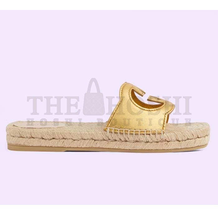 Gvc*1 Unisex Interlocking G Cut-Out Slide Sandals Metallic Gold Leather Flat 2 cm Heel Master Quality