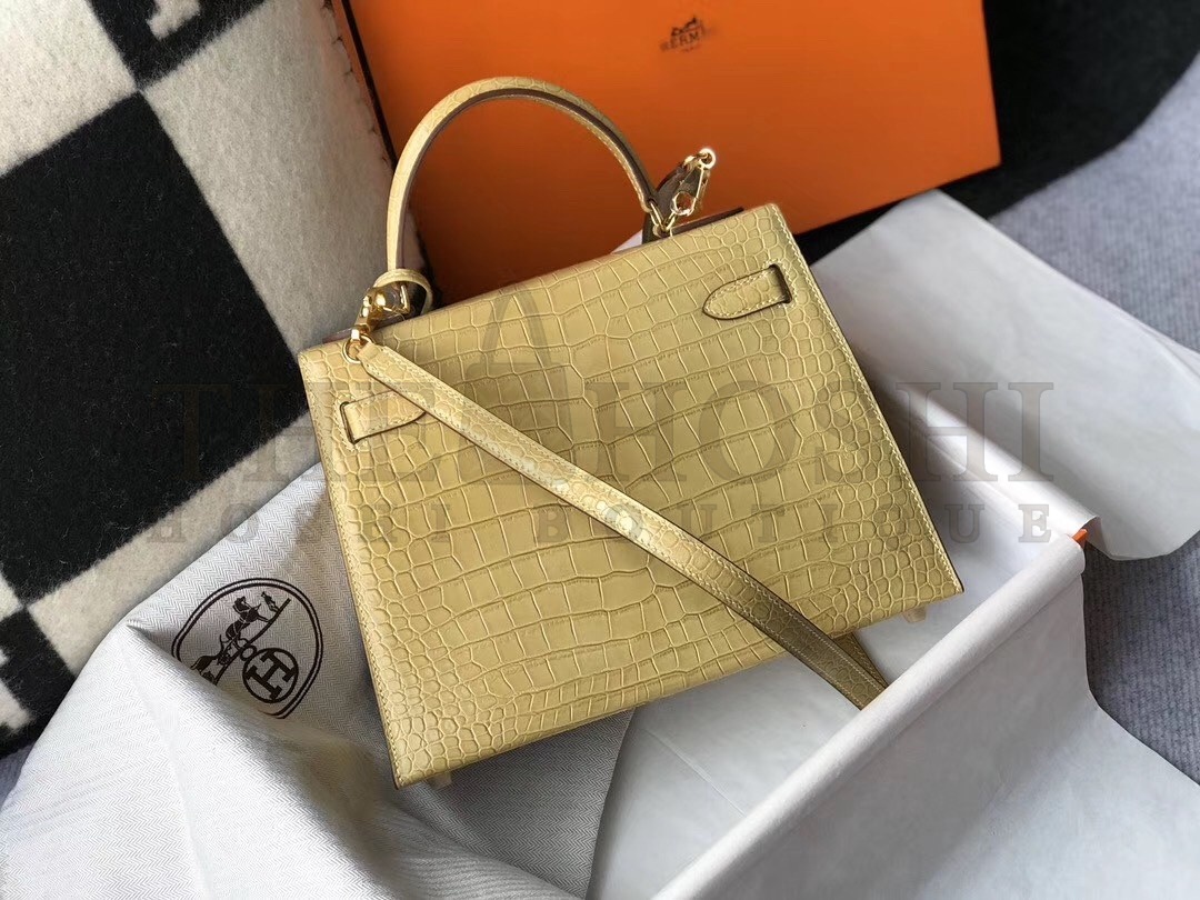 H**me5 Kelly 28cm Bag In Jaune Poussin Embossed Crocodile GHW Master Quality