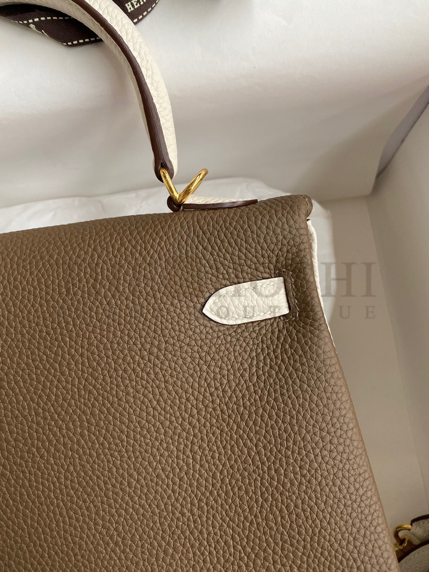 H**me5 Kelly Retourne 25 Bicolor Bag in Taupe and Craie Clemence Calfskin Master Quality
