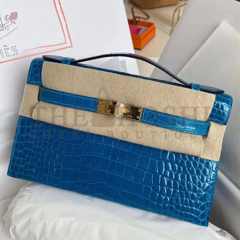 H**me5 Blue Izmir Shiny Alligator Crocodile Kelly Pochette Bag Master Quality