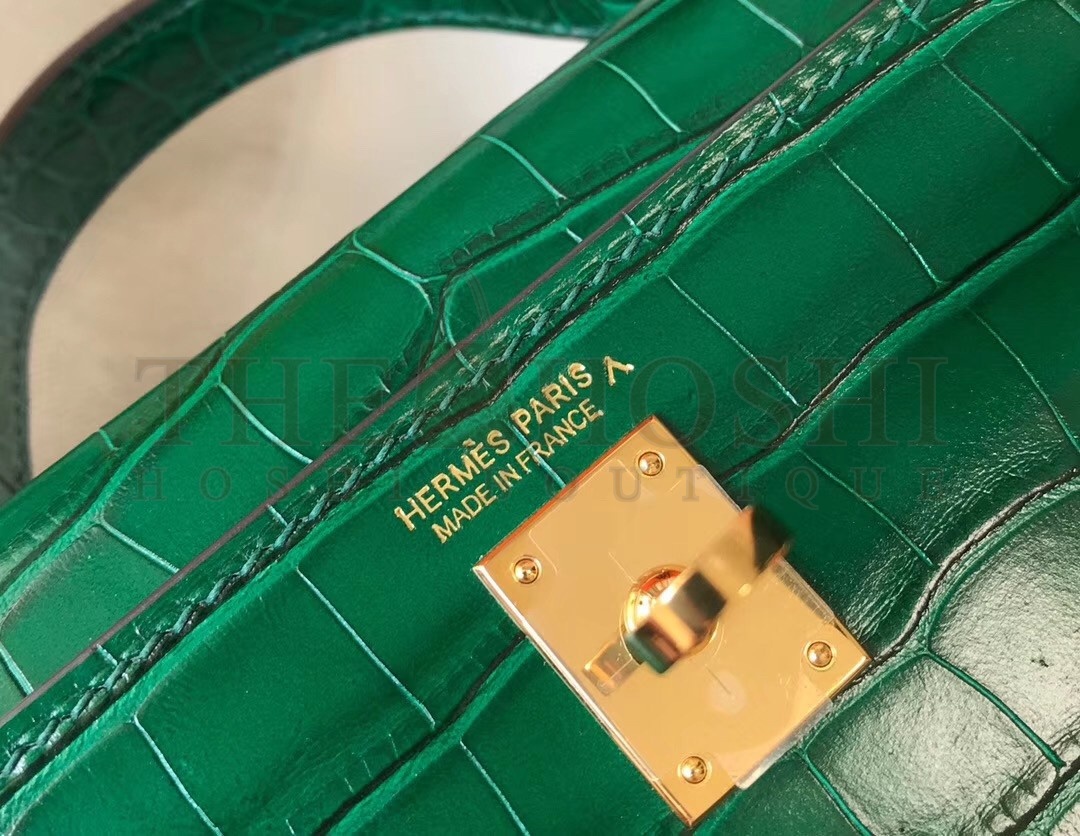 H**me5 Kelly Mini II Bag In Green Crocodile Embossed Leather Master Quality