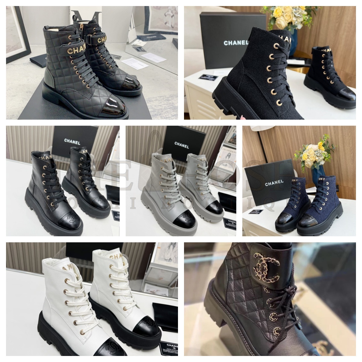 Ch**el Shiny Lambskin Quilted Lace Up Combat Boots Master Quality