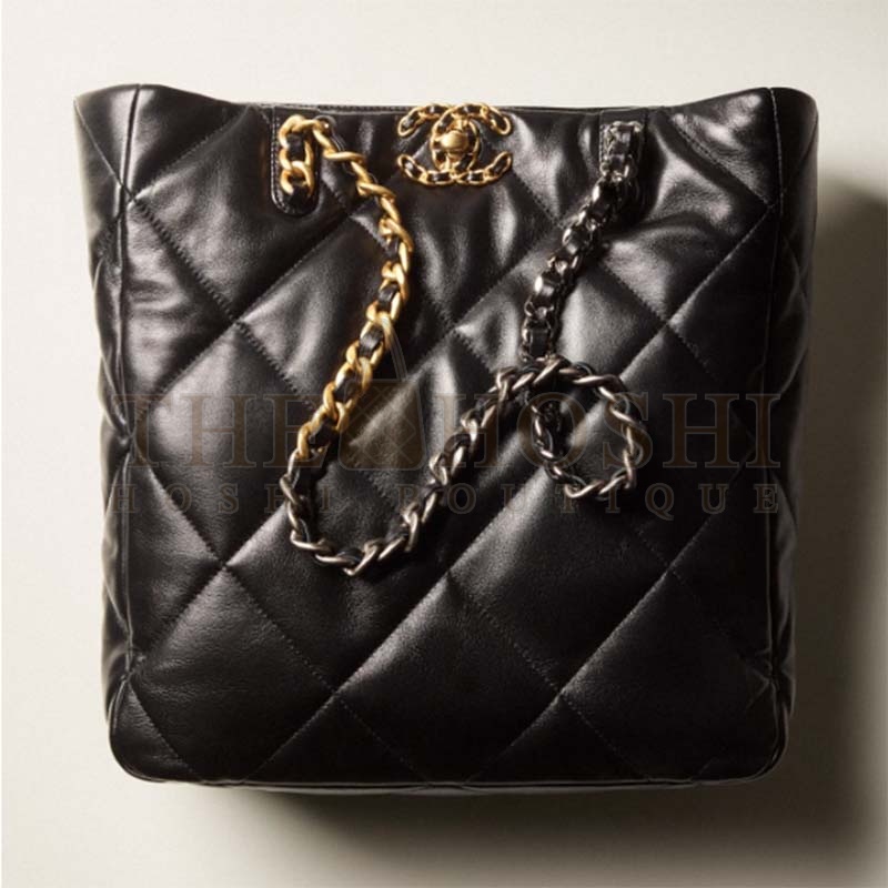 Ch**el Women CC Ch**el 19 Shopping Bag Lambskin Gold Silver-Tone Metal Black Master Quality
