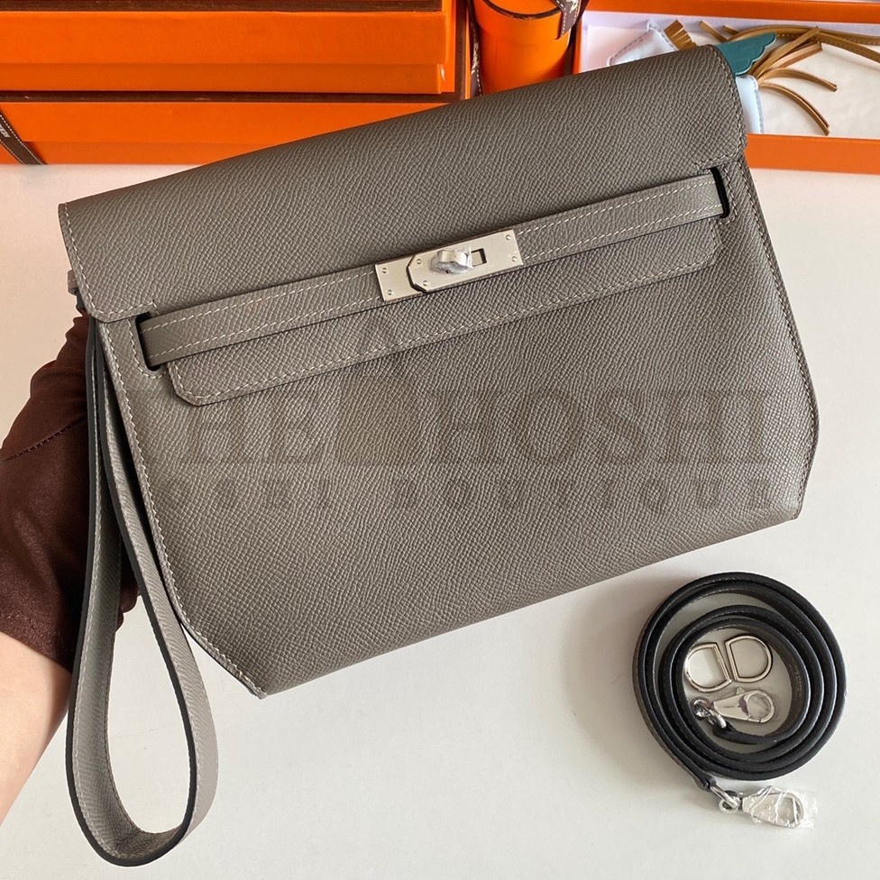 H**me5 Kelly Depeches 25 Pouch in Etain Epsom Calfskin Master Quality