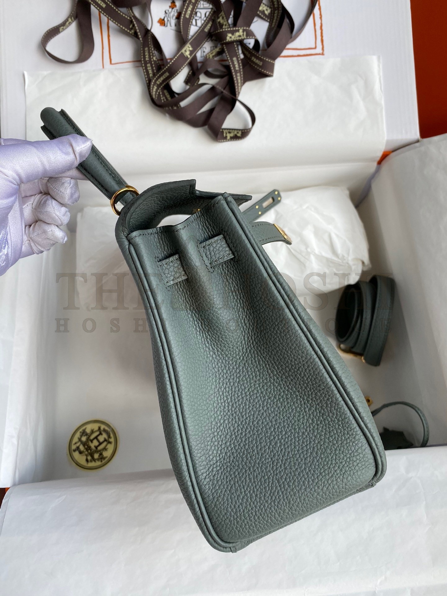 H**me5 Kelly Retourne 25 Handmade Bag In Vert Amande Clemence Leather Master Quality