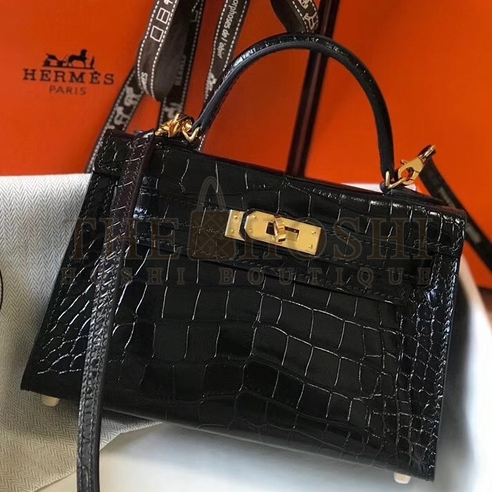 H**me5 Kelly Mini II Bag In Black Crocodile Embossed Leather Master Quality