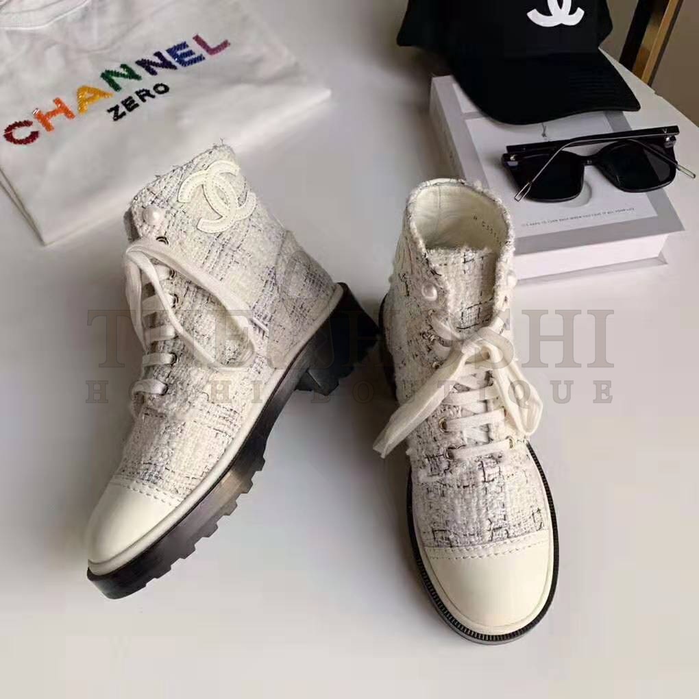 Ch**el Women Ankle Boots in Tweed & Calfskin 3.6 cm Heel-Beige Master Quality