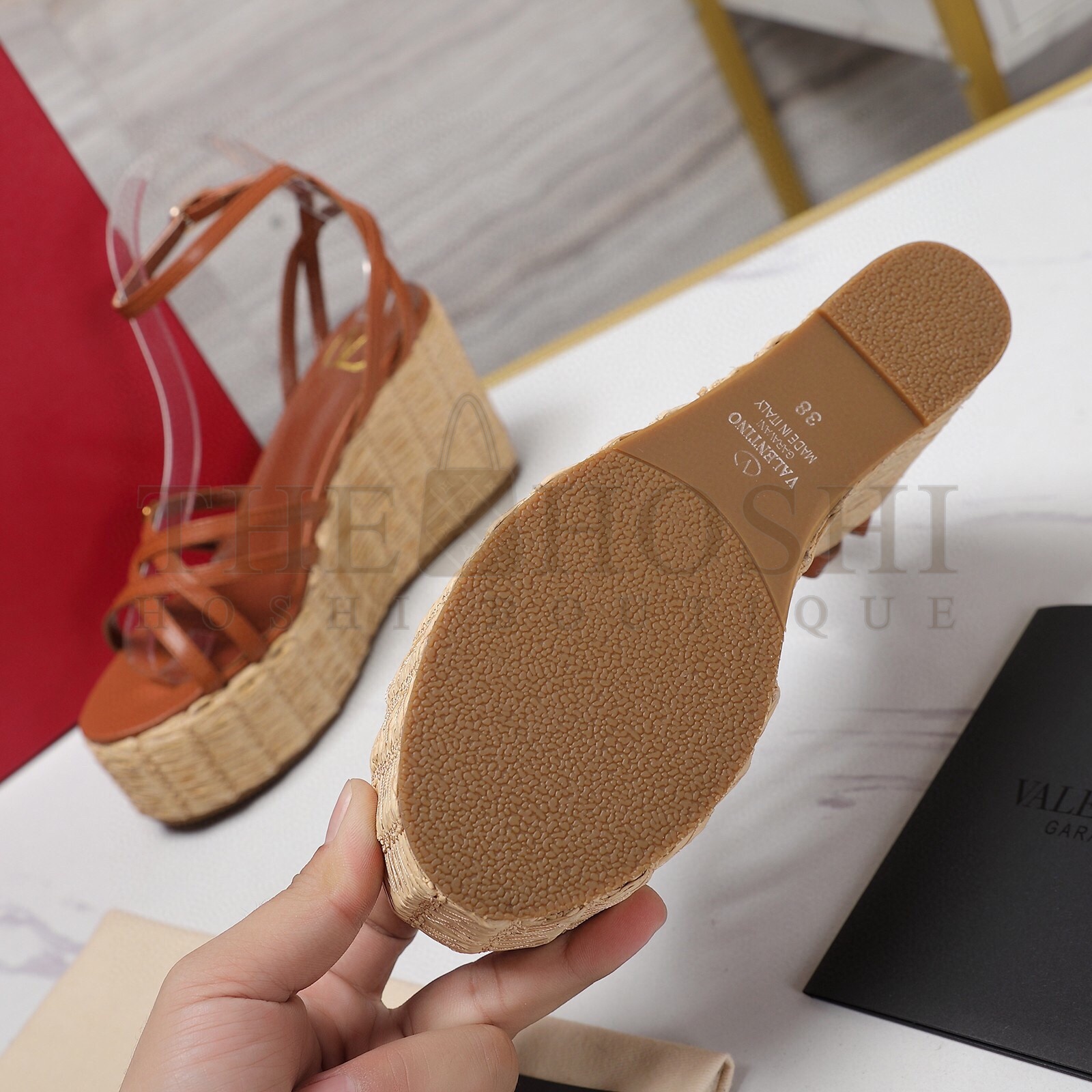 Va1e*ntin0 Raflower Wedge Sandals in Brown Calfskin Master Quality