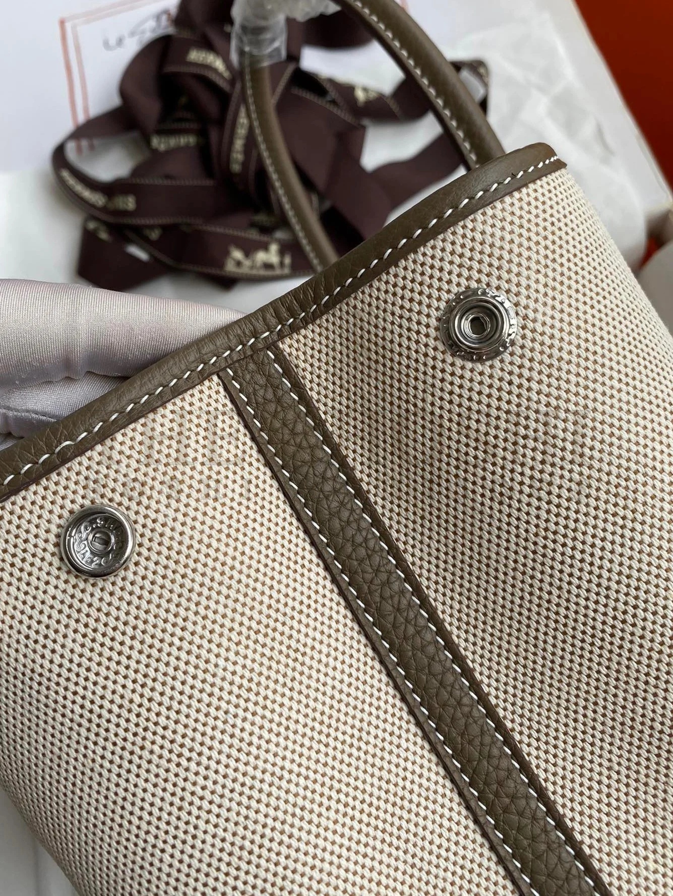 H**me5 Garden Party 30 Handmade Bag in Toile and Taupe Leather Master Quality