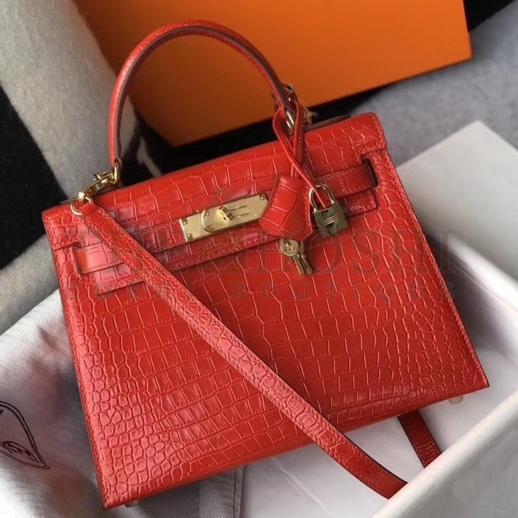 H**me5 Kelly 25 cm Bag In Red Embossed Crocodile Master Quality