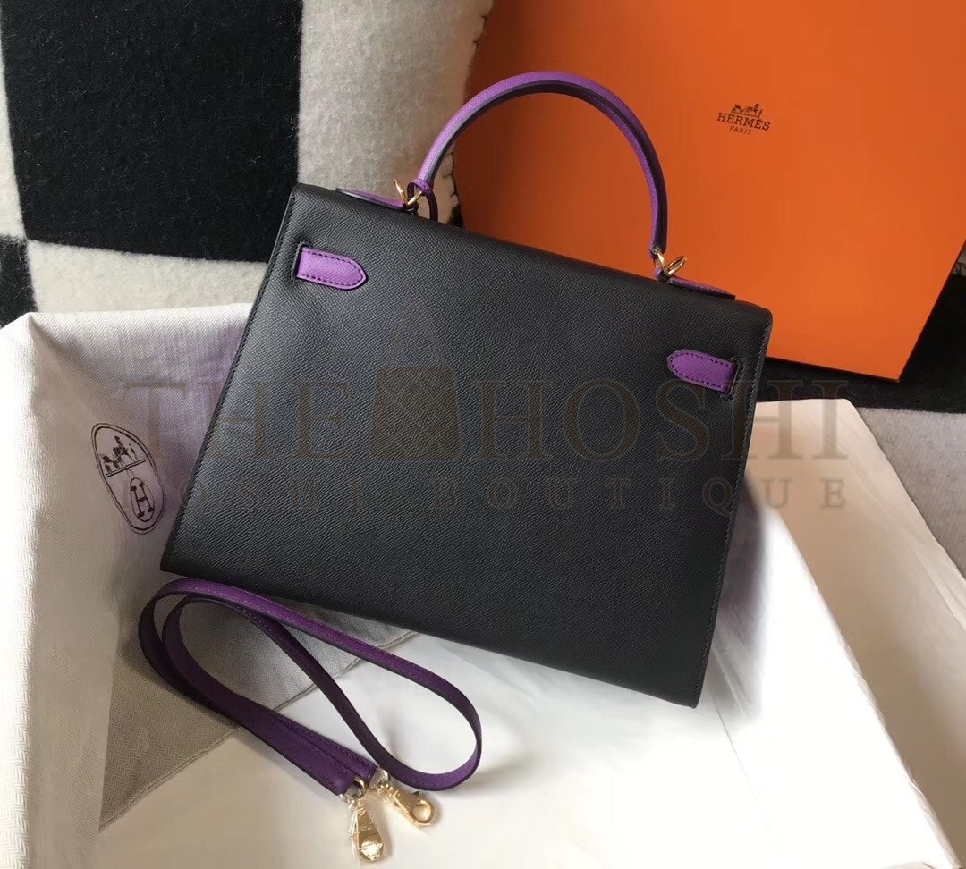H**me5 Bi-color Kelly 32cm Epsom Bag Black/Purple GHW Master Quality