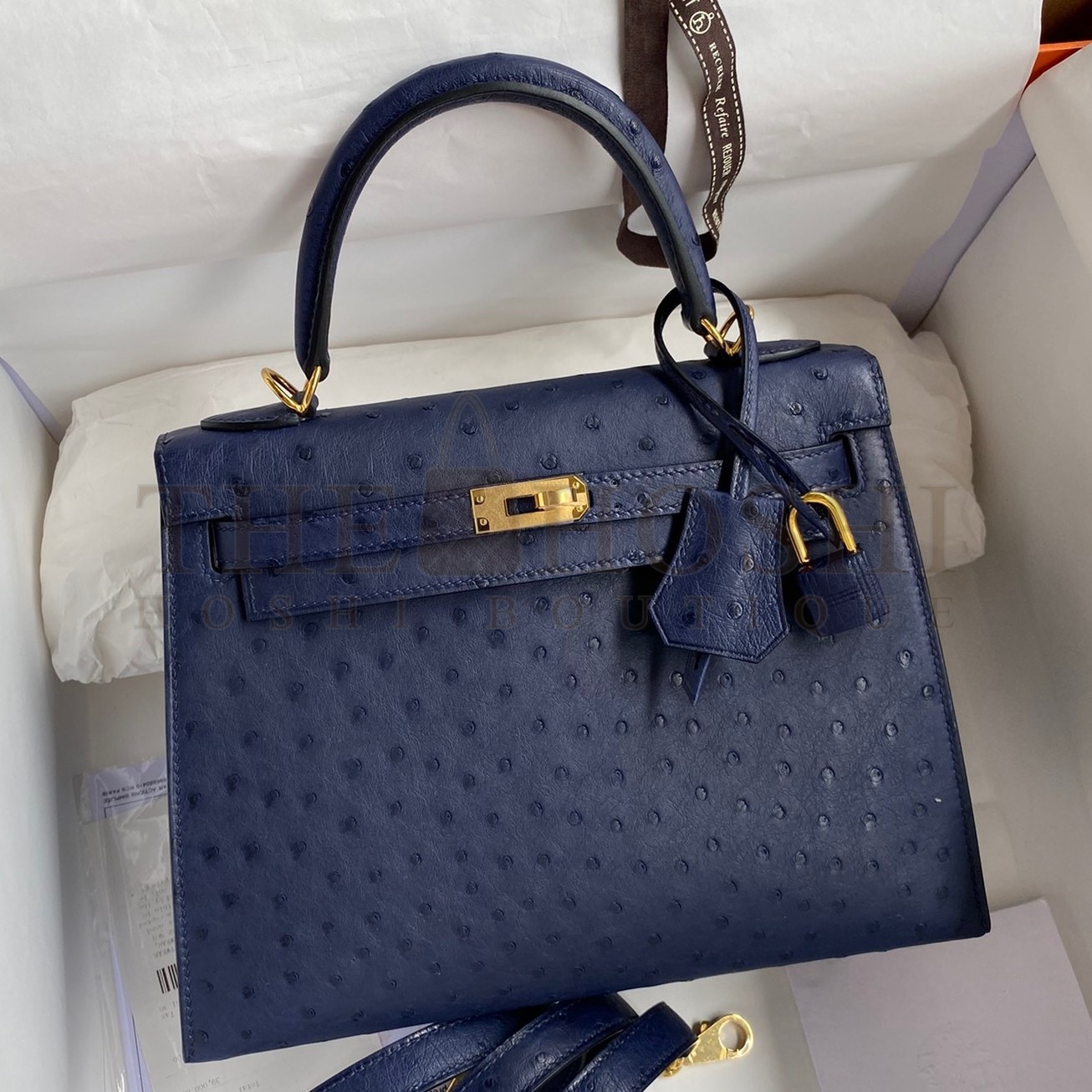 H**me5 Kelly Sellier 25 Handmade Bag In Blue Iris Ostrich Leather Master Quality