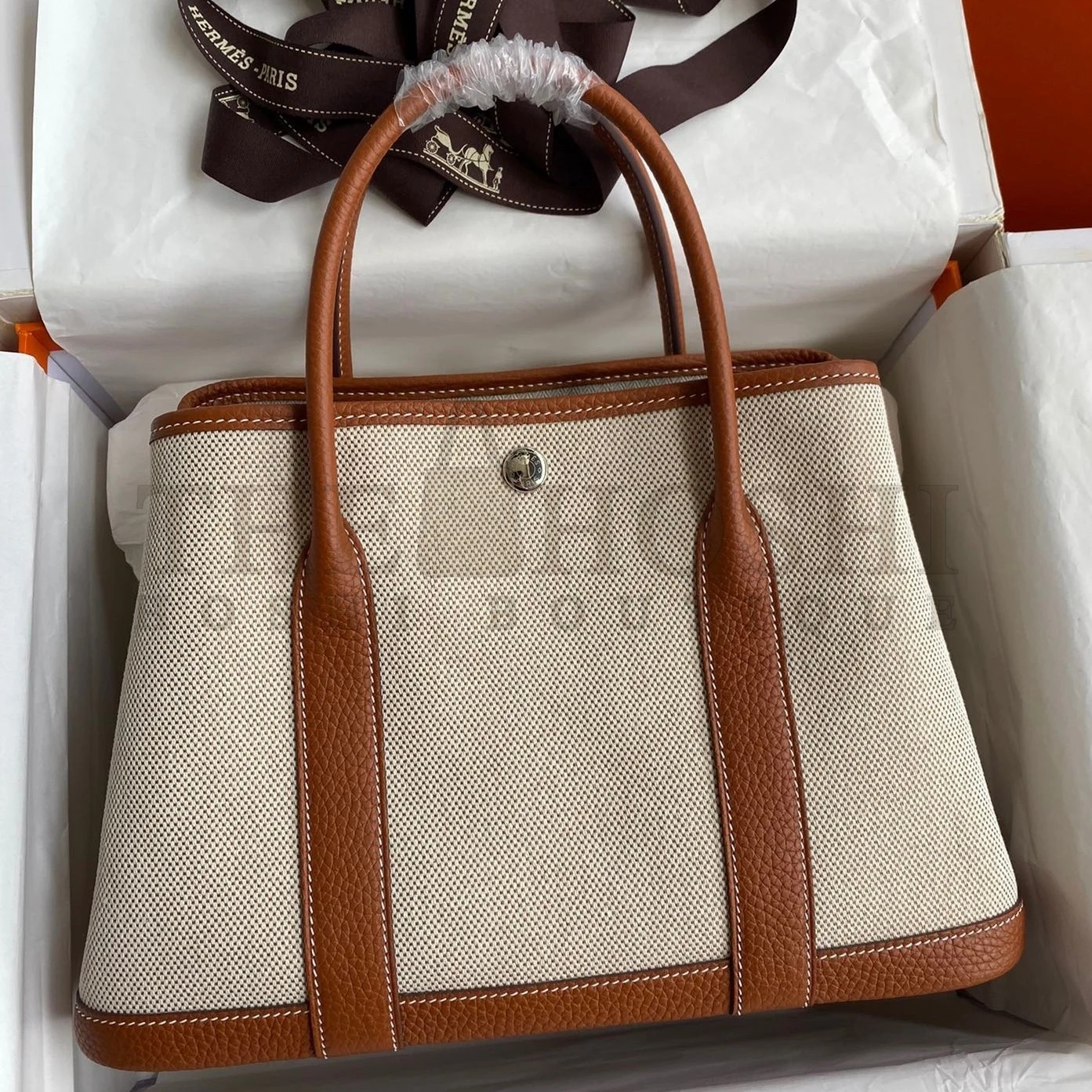 H**me5 Garden Party 30 Handmade Bag in Toile and Gold Leather Master Quality