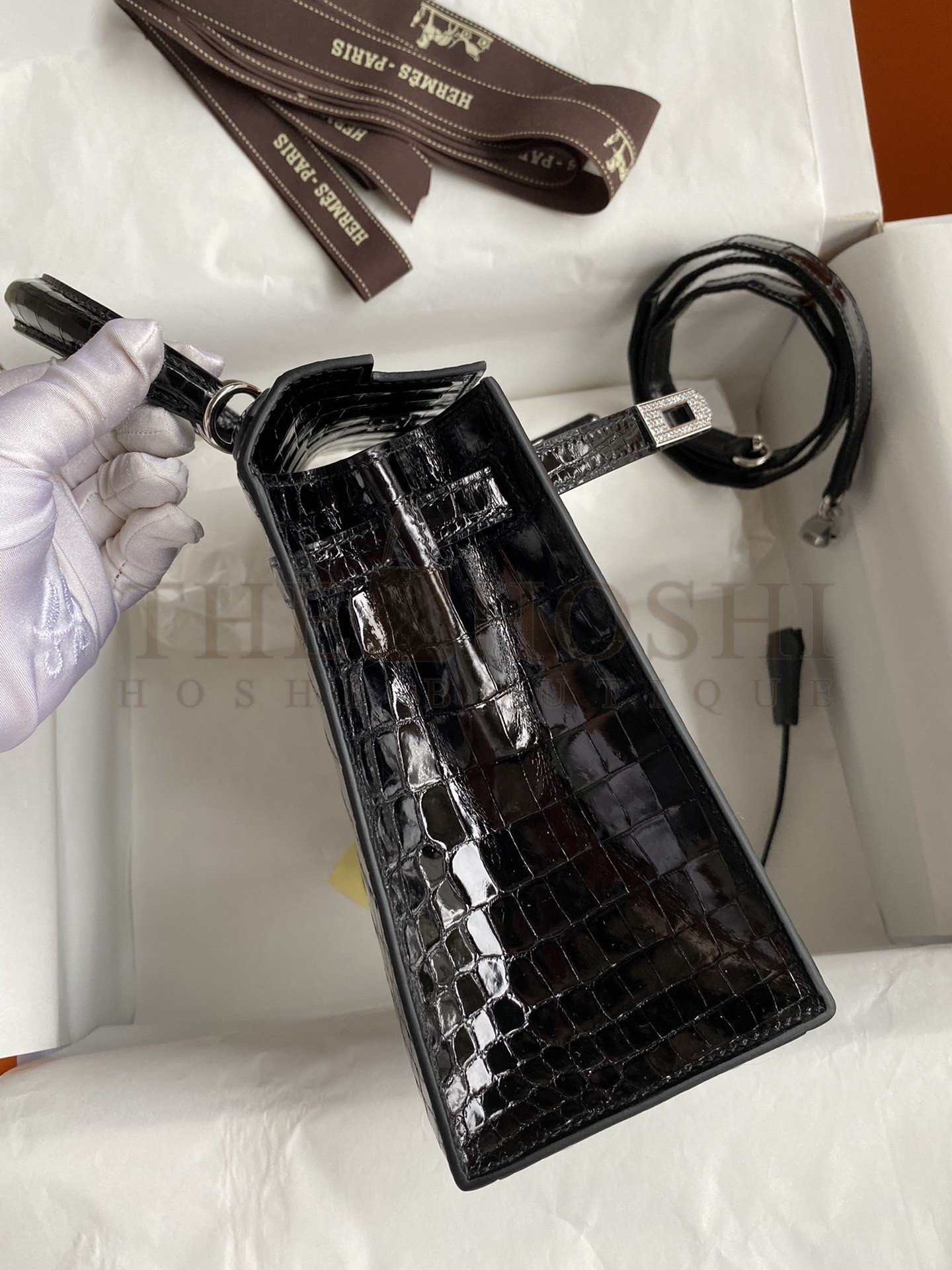 H**me5 Kelly Sellier 25 D1am0nd Bag In Black Crocodile Niloticus Shiny Skin Master Quality