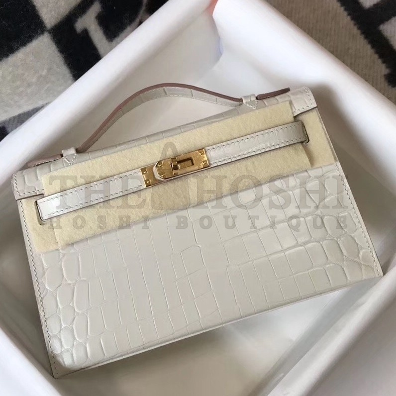 H**me5 Kelly Pochette Bag In White Embossed Crocodile Leather Master Quality