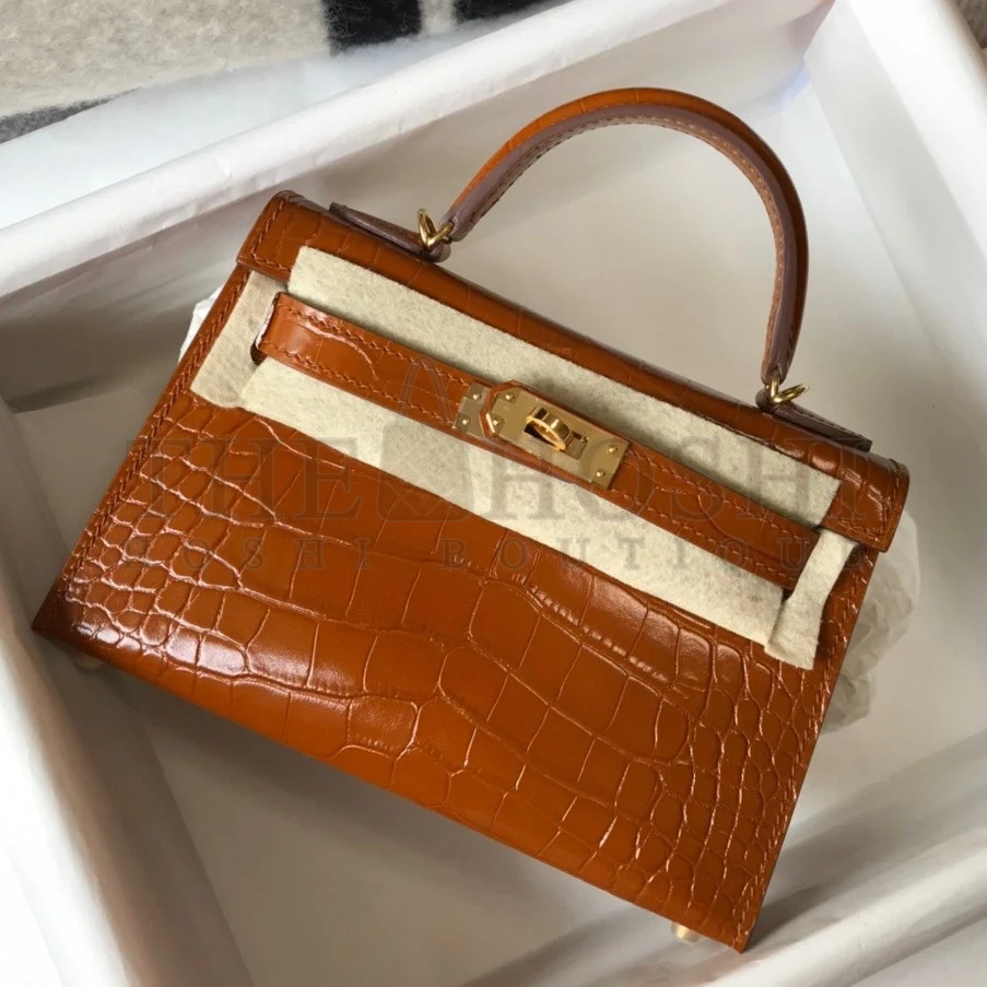 H**me5 Kelly Mini II Sellier Bag In Gold Crocodile Embossed Leather Master Quality
